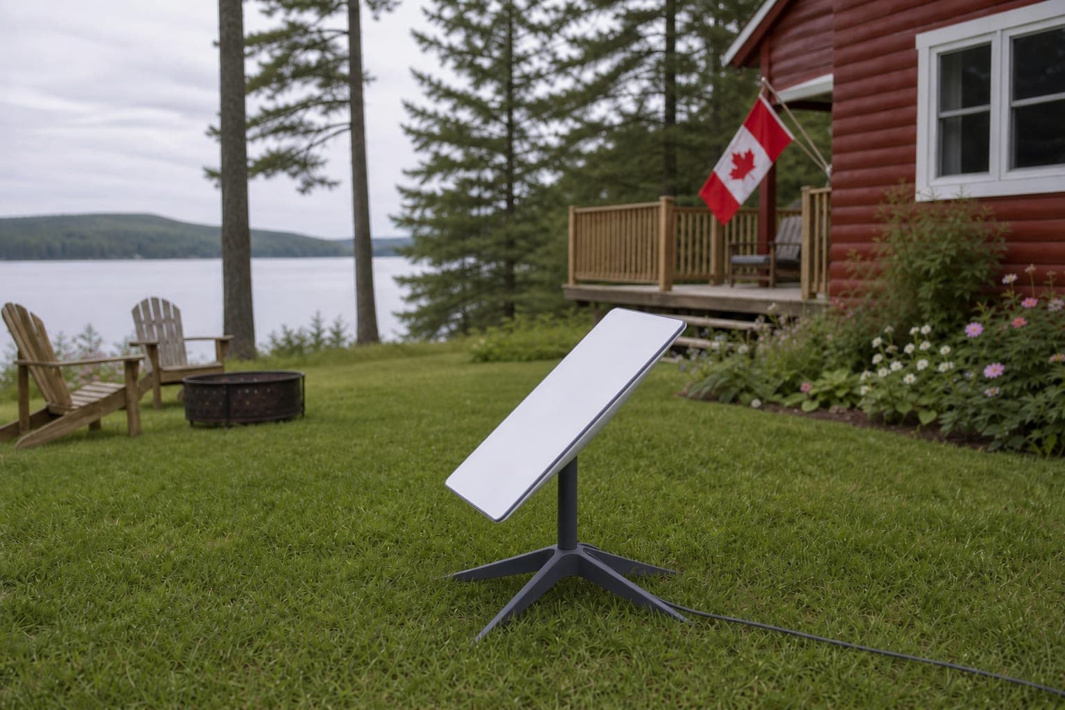 Starlink Gen2 dish on included ground stand at a campsite on green grass