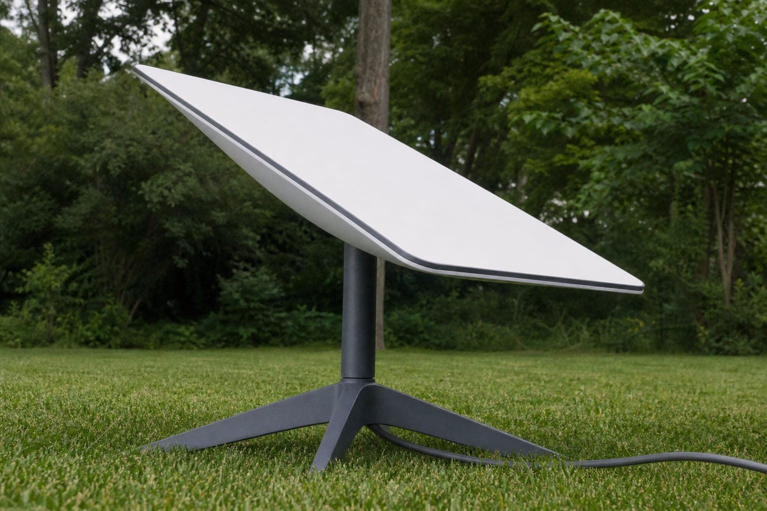 Starlink Gen2 dish on X-base stand with cable exiting the mast base on grass