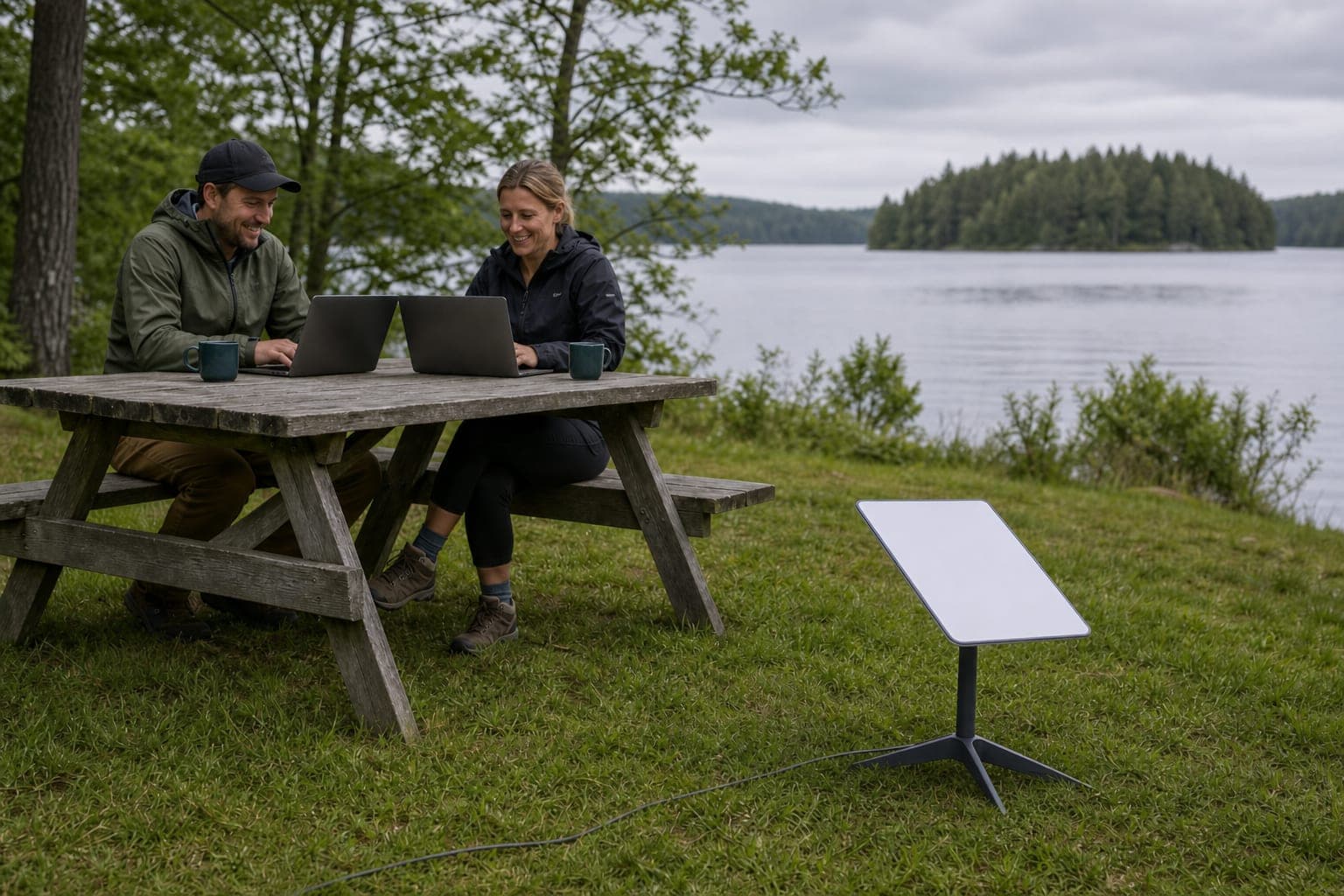 Campers using laptops with Starlink Gen2 on an included stand nearby