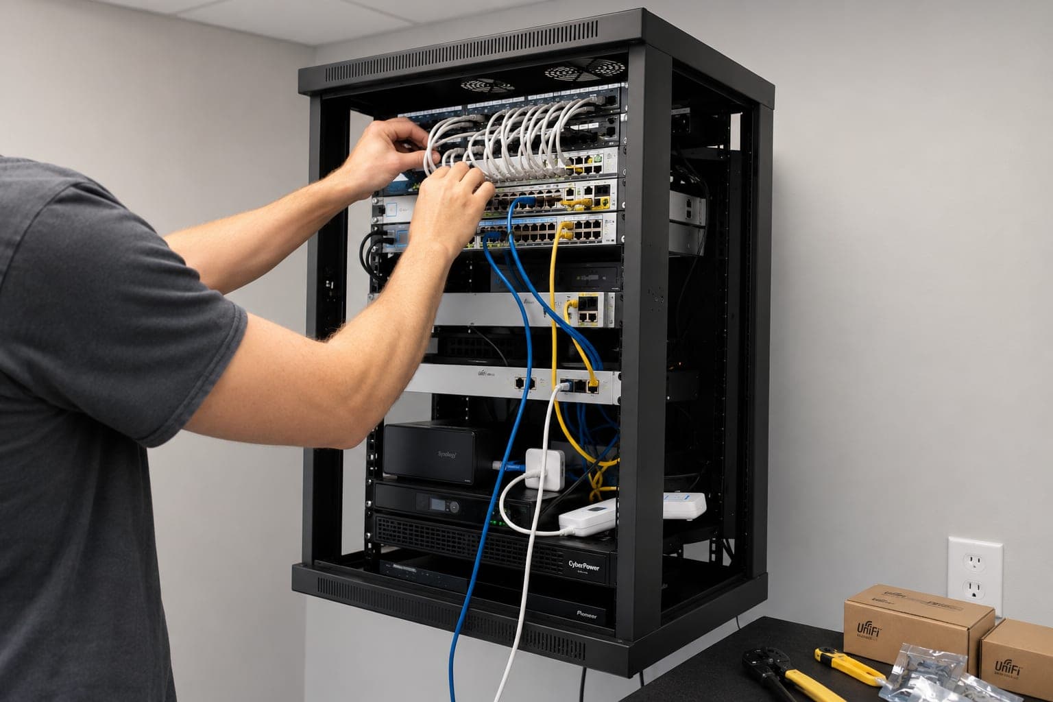 McKee technician dressing Ethernet into a wall-mounted UniFi rack with patch panels, switches, and battery backup