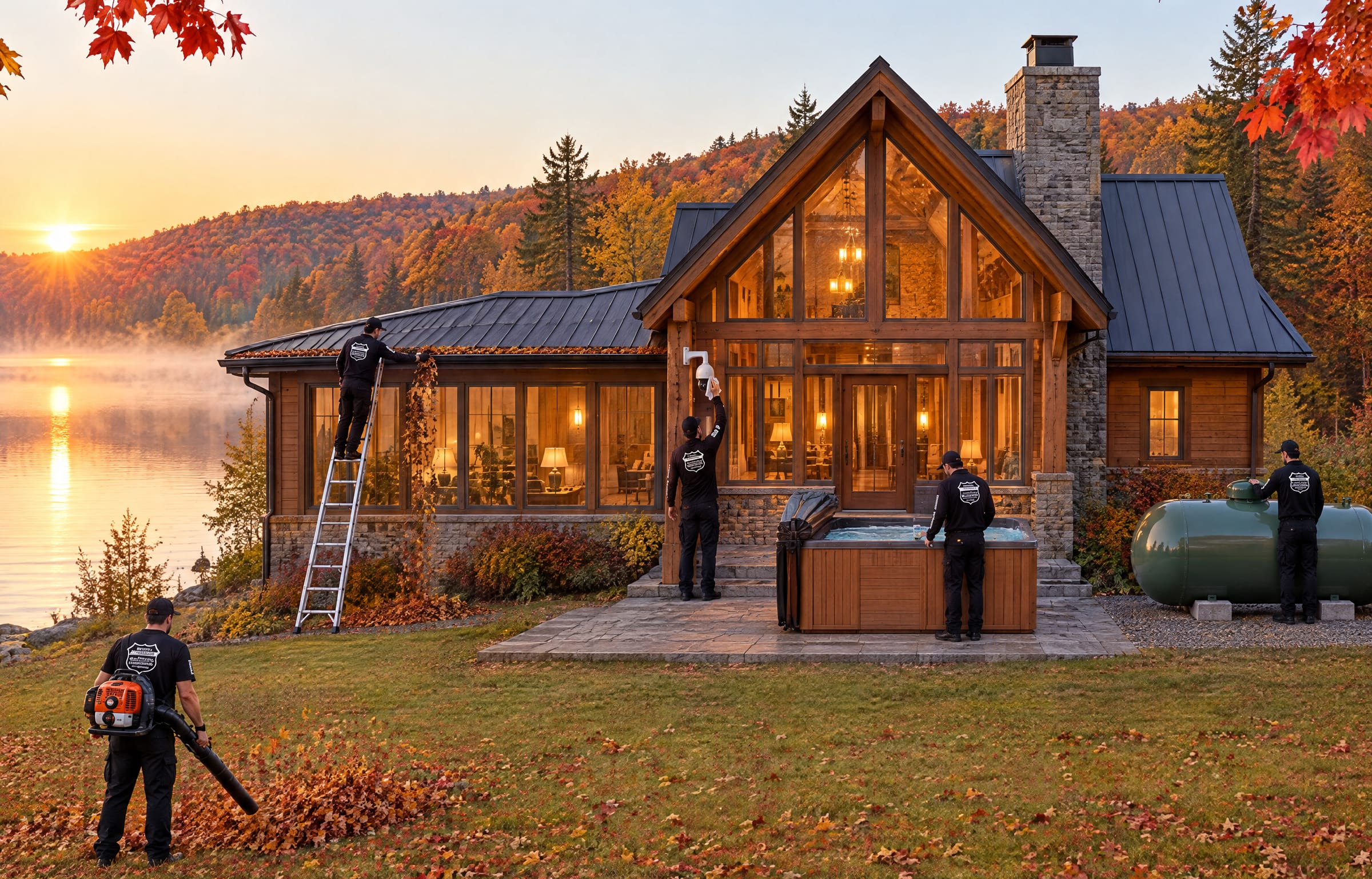 McKee technicians cleaning gutters, servicing a camera, and checking a lakefront cottage in the fall