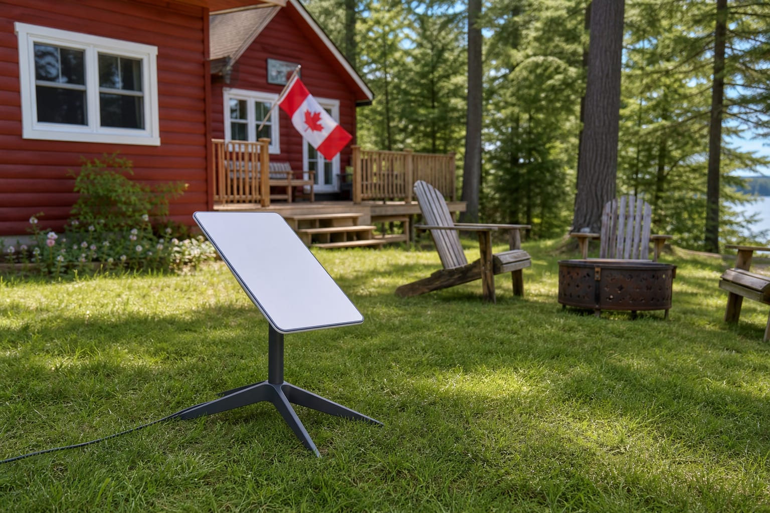 Starlink Gen2 dish on included Gen2 ground stand on a cottage lawn