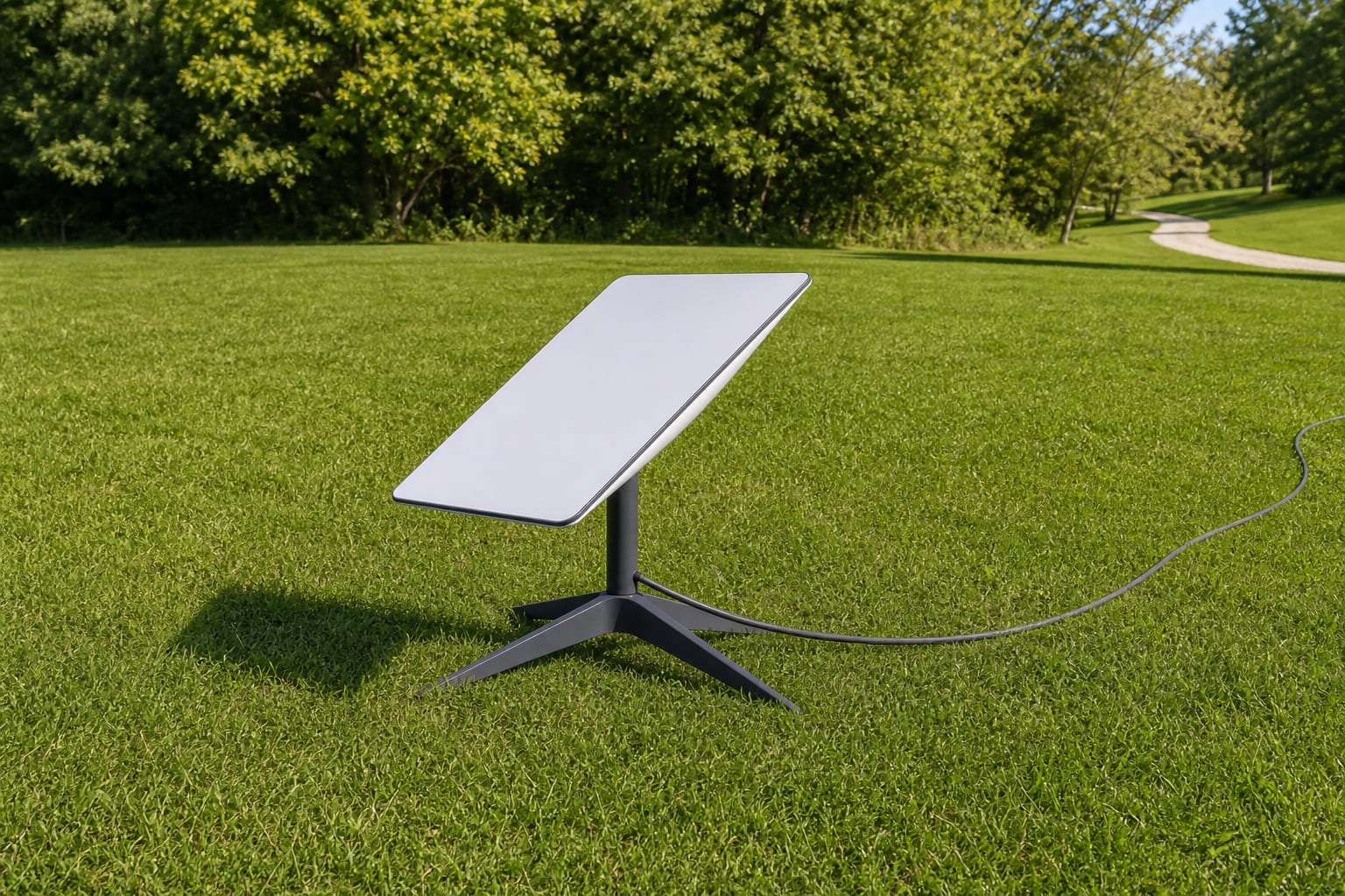 Complete Starlink Gen2 rental kit with dish, ground stand, and 150-foot cable