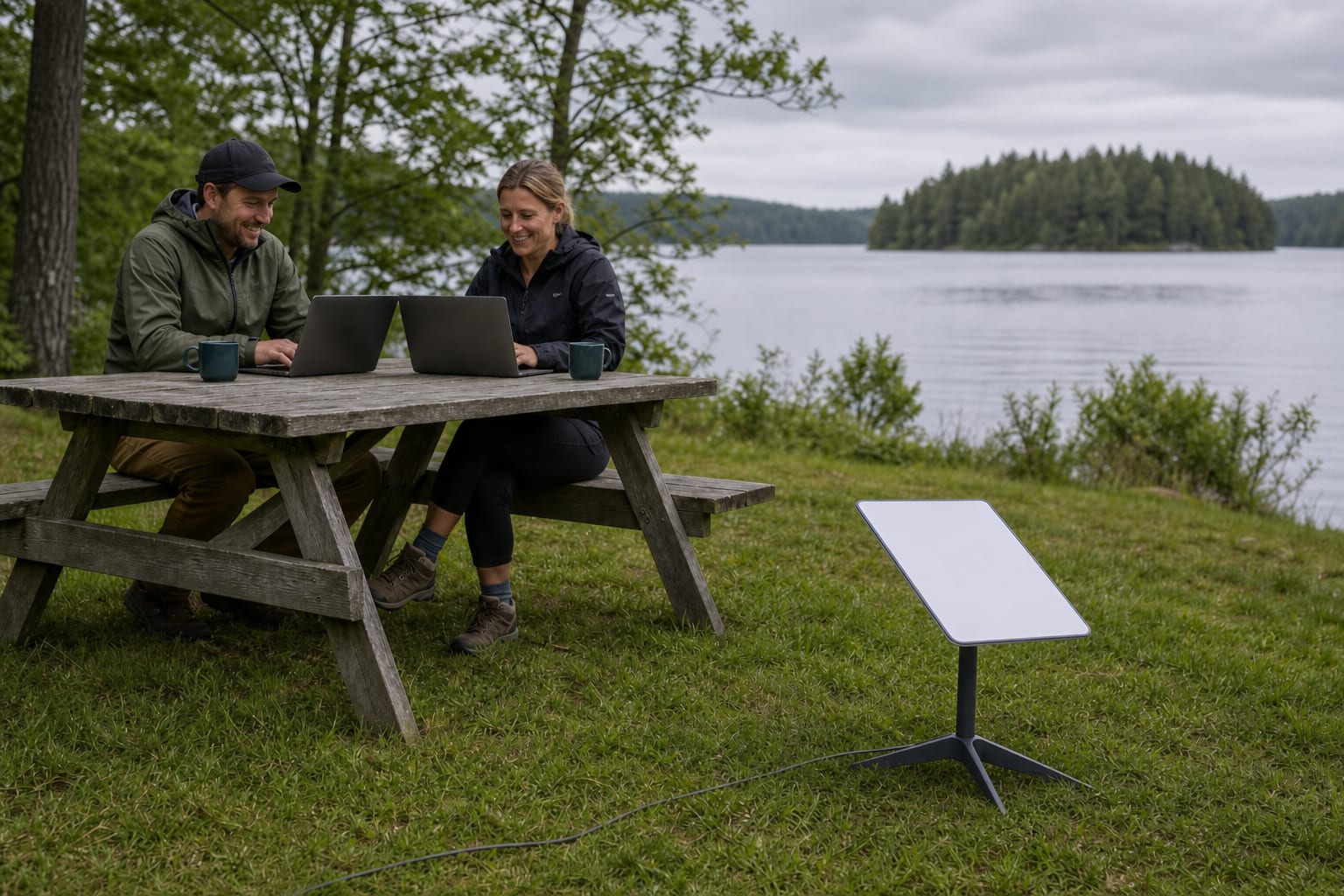 People using laptops at a campsite with Starlink Gen2 on an included stand nearby